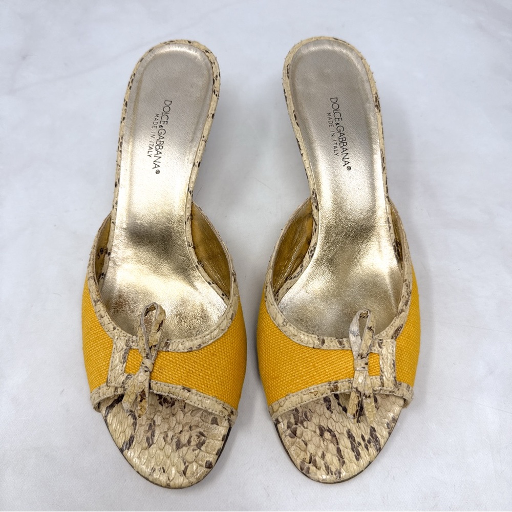 Dolce & Gabbana Vintage Y2K Bow Snakeskin Leather Kitten Heel Mule Sandal Yellow